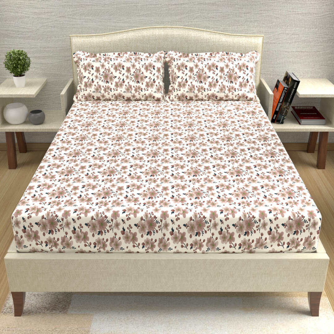 buy floral brown cotton double bed bedsheets online – side view